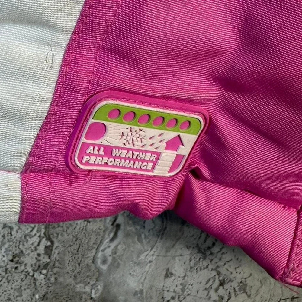 Pink‎ and white puffer jacket with hood Heavy duty weather proof Kids Medium 5-6